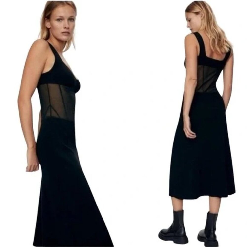 ZARA Special Edition Black Combination Illusion Mesh Knit Long Midi Dress